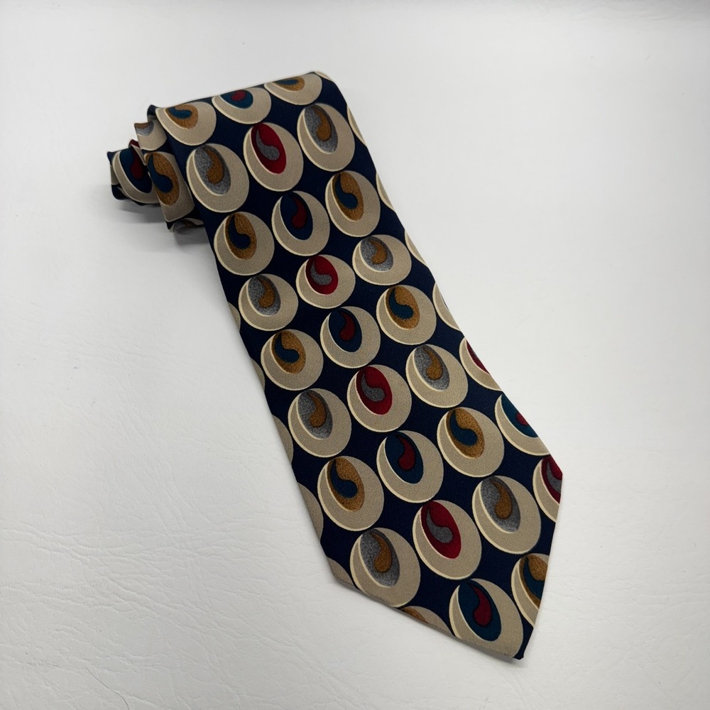 Adolfo Couture Silk Necktie Mens OS Navy Blue‎ Geometric Circle Abstract Retro